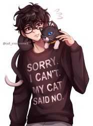 Rule 34 | 1boy, amamiya ren, animal, animal on shoulder, artist name, black cat, black eyes, black hair, black shirt, cat, clothes writing, commentary, crazyanime3, english commentary, english text, glasses, highres, long sleeves, male focus, morgana (persona 5), persona, persona 5, shirt, short hair, solo, sweatdrop, upper body, white background