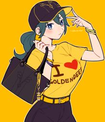 Rule 34 | 1girl, alternate costume, alternate hairstyle, artist name, bag, baseball cap, belt, blouse, blue eyes, blue hair, bracelet, byleth (female) (fire emblem), byleth (fire emblem), closed mouth, clothes writing, contemporary, do m kaeru, fire emblem, fire emblem: three houses, handbag, hat, jewelry, multicolored nails, nail polish, nintendo, ponytail, shirt, short sleeves, simple background, solo, yellow background, yellow belt, yellow shirt
