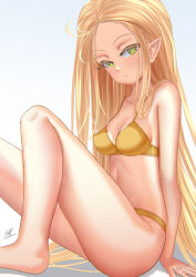Rule 34 | 1girl, artist name, barefoot, blonde hair, blush, bra, breasts, commentary, elf, from side, gradient background, green eyes, grey background, highres, kein hasegawa, knee up, long hair, looking at viewer, medium breasts, original, panties, parted lips, pointy ears, shadow, signature, sitting, underwear, underwear only, very long hair, yellow bra, yellow panties