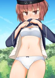 Rule 34 | 1girl, blue sky, bra, brown eyes, brown hair, bush, clothes lift, cloud, commentary request, commission, cowboy shot, day, dress, dress lift, hat, highres, kantai collection, looking at viewer, navel, outdoors, panties, sailor collar, sailor hat, short hair, skeb commission, sky, solo, training bra, undershit, underwear, white bra, white panties, yotubawatane, z3 max schultz (kancolle)