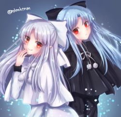 Rule 34 | 2girls, :3, :q, black bow, black capelet, black dress, blue background, blue hair, blush, bow, capelet, closed mouth, dress, expressionless, hair bow, hair ribbon, half updo, hand up, highres, leaning forward, len (tsukihime), long hair, looking at viewer, multiple girls, neck ribbon, pointy ears, pom pom (clothes), red eyes, ribbon, silver hair, simple background, smile, tanaji, tongue, tongue out, tsukihime, twitter username, white capelet, white dress, white len (tsukihime), white ribbon