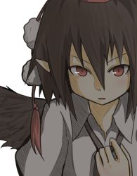 Rule 34 | 1girl, brown hair, brown theme, expressionless, hat, looking at viewer, monochrome, open mouth, pointy ears, red eyes, shaded face, shameimaru aya, short hair, solo, tokin hat, touhou, wings, yogurt bakudan