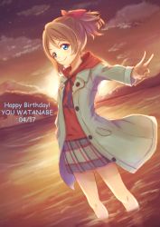 Rule 34 | 1girl, arm up, artist request, blue eyes, blush, brown hair, closed mouth, female focus, hand in pocket, hat, hood, hoodie, jacket, letterman jacket, looking at viewer, love live!, love live! sunshine!!, macken, shorts, smile, solo, sunset, v, watanabe you, white hat