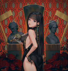 Rule 34 | 1girl, ass, back, bare shoulders, belt, black dress, black hair, blue eyes, blunt bangs, bracelet, breasts, clothes lift, cowboy shot, dated, dress, dress lift, earrings, eyebrows, eyelashes, flower, from side, gauntlets, gem, gloves, gold trim, highres, jewelry, kkuem, lifting own clothes, lipgloss, lips, lipstick, long hair, looking at viewer, makeup, medium breasts, mole, mole under eye, original, over shoulder, parted lips, pelvic curtain, plant, rapier, red flower, red rose, ribs, rose, side slit, signature, single gauntlet, sleeveless, sleeveless dress, solo, statue, straight hair, sword, sword over shoulder, thighs, weapon, weapon over shoulder, wristband