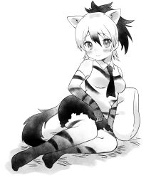 Rule 34 | 1girl, aardwolf (kemono friends), animal ears, blush, breasts, elbow gloves, gloves, highres, kemono friends, medium breasts, monochrome, necktie, pillow, ponytail, shirt, shorts, sleeveless, sleeveless shirt, smile, solo, suicchonsuisui, tail, torn clothes, torn shorts