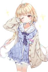 Rule 34 | 1girl, ;), bad id, bad pixiv id, blonde hair, blue bow, blue dress, blush, bow, brown eyes, brown jacket, candy wrapper, closed mouth, collarbone, collared dress, commentary request, dress, futaba anzu, head tilt, idolmaster, idolmaster cinderella girls, jacket, long hair, long sleeves, low twintails, one eye closed, open clothes, open jacket, plaid, plaid dress, qlakwnd, simple background, sleeves past wrists, smile, solo, sparkle, striped, striped bow, twintails, very long hair, white background