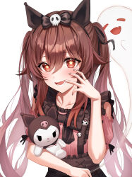 Rule 34 | 1girl, alternate costume, animal ears, blush, boo tao (genshin impact), brown hair, collarbone, commentary, fake animal ears, genshin impact, ghost, hair between eyes, hand up, highres, hu tao (genshin impact), kuromi, long bangs, long hair, looking at viewer, onegai my melody, open mouth, pink shirt, red eyes, sanrio, shirt, short sleeves, sicle, simple background, smile, solo, stuffed toy, symbol-shaped pupils, teeth, twintails, upper body, very long hair, white background