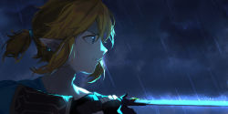 Rule 34 | 1boy, blonde hair, blue eyes, chinese commentary, cloud, cloudy sky, fingerless gloves, gloves, glowing, highres, link, looking ahead, male focus, master sword, nintendo, outdoors, parted lips, pointy ears, pointy nose, rain, shaded face, short hair, sky, solo, the legend of zelda, the legend of zelda: breath of the wild, upper body, user uvsc3454