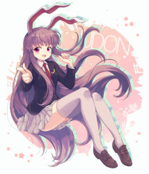 Rule 34 | 1girl, :d, animal ears, black jacket, blazer, blush, brown footwear, character name, collared shirt, crescent, crescent pin, dress shirt, drop shadow, full body, grey thighhighs, iris anemone, jacket, loafers, long hair, long sleeves, looking at viewer, miniskirt, necktie, open mouth, pink background, pink eyes, pleated skirt, pointing, pointing at viewer, purple hair, rabbit ears, red necktie, reisen udongein inaba, shirt, shoes, sitting, skirt, smile, solo, star (symbol), thighhighs, touhou, very long hair, white shirt, wing collar