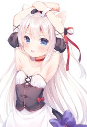 Rule 34 | 1girl, animal ears, apron, armpits, arms up, azur lane, bare shoulders, black bow, black dress, blue bow, blue eyes, blush, bow, breasts, cat ears, cat hair ornament, choker, collarbone, commentary request, detached sleeves, dress, fang, hair between eyes, hair bow, hair ornament, hair ribbon, hammann (azur lane), light brown hair, long hair, looking at viewer, one side up, parted lips, puffy detached sleeves, puffy short sleeves, puffy sleeves, red bow, red choker, red ribbon, remodel (azur lane), ribbon, short sleeves, simple background, small breasts, solo, strapless, strapless dress, usashiro mani, very long hair, waist apron, white apron, white background, wrist cuffs