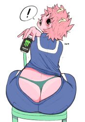 Rule 34 | !, 1girl, ashido mina, ass, black sclera, boku no hero academia, butt crack, can, colored sclera, colored skin, dumpiwumpi, energy drink, from behind, highres, horns, huge ass, jacket, looking back, monster energy, open mouth, pink hair, pink skin, short hair, sitting, solo, spoken exclamation mark, thong, track jacket, track suit, u.a. gym uniform, whale tail (clothing), white background