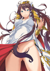 Rule 34 | 1girl, bad id, bad pixiv id, bracelet, convenient censoring, covered erect nipples, covered navel, doushimasho, egyptian clothes, from below, gluteal fold, isis (p&amp;d), jewelry, key, long hair, looking at viewer, no bra, no panties, purple hair, puzzle &amp; dragons, robe, smirk, solo, standing