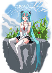 Rule 34 | 1girl, aqua eyes, aqua hair, bad id, bad pixiv id, boots, digital media player, earbuds, earphones, elbow gloves, flower, gloves, hatsune miku, ipod, legs, long hair, long legs, miniskirt, sitting, skirt, smile, solo, thigh boots, thighhighs, thighs, twintails, very long hair, vocaloid, white thighhighs