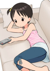 Rule 34 | 1girl, armpits, bare shoulders, barefoot, black hair, blue pants, brown eyes, camisole, child, collarbone, commentary request, controller, couch, dot nose, hair bobbles, hair ornament, highres, holding, holding remote control, ichigo mashimaro, itou chika, lying, meis (terameisu), on couch, on side, paid reward available, pants, parted lips, pillow, pink camisole, remote control, side ponytail, solo, striped camisole