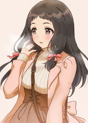 Rule 34 | 1girl, black hair, blush, bow, breasts, brown eyes, emu (emum), hair bow, hair ornament, hand to own mouth, hand up, highres, idolmaster, idolmaster cinderella girls, large breasts, long hair, long sleeves, looking ahead, ohnuma kurumi, open mouth, parted lips, red bow, simple background, solo, white background
