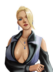 Rule 34 | 1girl, absurdres, backlighting, blonde hair, blue eyes, booger wang, breasts, cleavage, clothing cutout, commentary request, detached sleeves, earrings, forehead, hair bun, hair over one eye, head tilt, highres, jewelry, large breasts, lips, lipstick, looking at viewer, makeup, mature (kof), necklace, no bra, nose, short hair, shoulder cutout, single hair bun, solo, the king of fighters, updo, white background