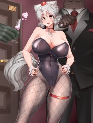 Rule 34 | 1girl, 2boys, absurdres, animal ears, bare shoulders, breasts, business suit, champagne flute, choker, cleavage, covered navel, cowboy shot, cup, dog tags, door, drinking glass, fishnet pantyhose, fishnets, formal, hands on own hips, hat, highres, holding, holding cup, huge breasts, imminent rape, inubashiri momiji, leotard, multiple boys, nervous, nontraditional playboy bunny, open mouth, pantyhose, playboy bunny, poison, red eyes, short hair, skindentation, skull and crossbones, smile, solo focus, standing, strapless, suit, sweatdrop, syringe, tail, thigh strap, thighs, tochinoko, tokin hat, touhou, wolf ears, wrist cuffs
