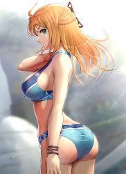 Rule 34 | 1girl, absurdres, ahoge, arm at side, ass, bare arms, bare shoulders, bikini, blonde hair, blue bikini, bracelet, breasts, closed mouth, cowboy shot, day, duplicate, fiora (xenoblade), from behind, gonzarez, green eyes, hair ornament, half updo, highres, jewelry, large breasts, light rays, long hair, looking at viewer, looking back, outdoors, pixel-perfect duplicate, sideboob, smile, solo, sunbeam, sunlight, swimsuit, wet, xenoblade chronicles (series), xenoblade chronicles 1