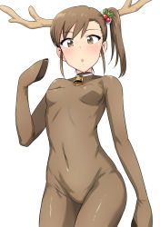 Rule 34 | 1girl, :o, animal costume, antlers, bell, blush, breasts, brown eyes, brown hair, christmas, collar, covered navel, futami mami, hair ornament, highres, hooves, horns, idolmaster, idolmaster (classic), looking at viewer, neck bell, open mouth, reindeer antlers, reindeer costume, side ponytail, small breasts, solo, tsurui