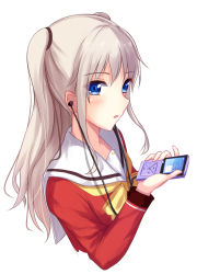 Rule 34 | 10s, 1girl, blue eyes, blush, charlotte (anime), female focus, headphones, highres, itachi kanade, long hair, long sleeves, looking at viewer, open mouth, school uniform, serafuku, simple background, solo, tomori nao, twintails, white background, white hair