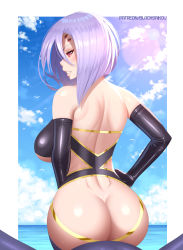 Rule 34 | 1girl, arthropod girl, ass, bare shoulders, black gloves, blacksaikou, blue sky, breasts, butt crack, cloud, commentary, elbow gloves, english commentary, extra eyes, from behind, gloves, hand on own hip, highres, insect girl, large breasts, lens flare, light purple hair, light rays, looking at viewer, looking back, medium hair, mole, mole under mouth, monster musume no iru nichijou, no pupils, parted lips, patreon username, rachnera arachnera, red eyes, shoulder blades, sky, solo, spider girl, sunbeam, sunlight