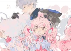 Rule 34 | 1boy, 1girl, blush, closed mouth, elsword, facing to the side, gloves, head rest, hood, hoodie, laby (elsword), liberator (elsword), linbai22, long sleeves, looking at viewer, noah ebalon, open mouth, pink eyes, pink hair, radiant soul (elsword), sharp teeth, sketch, smile, teeth, twintails, wavy hair, white background