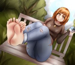 Rule 34 | 1girl, absurdres, amara (oc), barefoot, denim, ethan(33327245), feet, female focus, fingerless gloves, foot focus, freckles, gloves, highres, jeans, jewelry, matching hair/eyes, necklace, orange eyes, orange hair, outdoors, pants, shirt, soles, solo, t-shirt, toes, torn clothes, torn jeans, torn pants