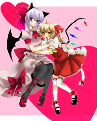 Rule 34 | 2girls, ahoge, animal ears, bad id, bad pixiv id, bat wings, black pantyhose, blonde hair, bow, cat ears, cat girl, cat tail, fang, female focus, flandre scarlet, hair bow, heart, highres, kemonomimi mode, large bow, leg ribbon, light purple hair, mary janes, multiple girls, no headwear, orange eyes, pantyhose, purple eyes, purple hair, red eyes, remilia scarlet, ribbon, shoes, short hair, siblings, side ponytail, simple background, sisters, tail, thighhighs, touhou, white thighhighs, wings, yutazou