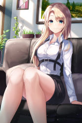 Rule 34 | 1girl, absurdres, aqua eyes, bare legs, black skirt, blonde hair, blush, breasts, buckle, closed mouth, collared shirt, commentary, couch, day, feet out of frame, gongha, harness, has bad revision, has downscaled revision, highres, indoors, long hair, long sleeves, looking at viewer, md5 mismatch, medium breasts, miniskirt, on couch, original, painting (object), plant, potted plant, resolution mismatch, shirt, skirt, smile, solo, source smaller, sunlight, swept bangs, symbol-only commentary, white shirt, window shadow