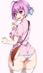 Rule 34 | 1girl, ahoge, aki (sangetusei), ass, blue hair, commentary request, fang, hair bobbles, hair ornament, highres, idolmaster, idolmaster cinderella girls, looking at viewer, looking back, multicolored hair, no pants, open mouth, panties, pink eyes, pink hair, pink shirt, shirt, short hair, short sleeves, smile, solo, striped clothes, striped panties, t-shirt, tears, teeth, thighhighs, thighs, two-tone hair, underwear, upper teeth only, v, wavy mouth, white thighhighs, yumemi riamu