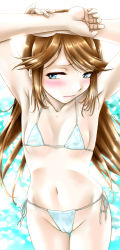 Rule 34 | 1girl, arms up, atchy, beach, bikini, blue eyes, blush, breasts, brown hair, flat chest, highres, long hair, original, small breasts, solo, swimsuit, white bikini