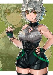 Rule 34 | 1girl, absurdres, animal ears, breasts, cat ears, cat girl, chest jewel, clothing cutout, core crystal (xenoblade), crystal, diamond cutout, fingerless gloves, gloves, high-waist shorts, highres, large breasts, looking at viewer, messy hair, na&#039;el (xenoblade), oniisan02b, romper, short hair, short shorts, shorts, simple background, solo, thighhighs, thighs, xenoblade chronicles (series), xenoblade chronicles 3, xenoblade chronicles 3: future redeemed, yellow eyes