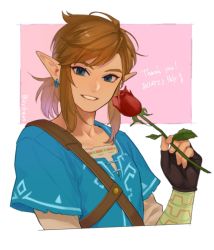 Rule 34 | 1boy, artist name, black gloves, blue eyes, blue shirt, commentary, cropped torso, earrings, fingerless gloves, flower, gloves, highres, holding, holding flower, ivy (sena0119), jewelry, link, looking at viewer, male focus, nintendo, pink background, pointy ears, ponytail, red flower, red rose, rose, shirt, short ponytail, short sleeves, smile, solo, the legend of zelda, the legend of zelda: breath of the wild, tunic, upper body, white background