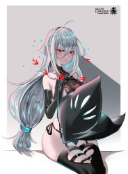 Rule 34 | 1girl, abyssal hunters logo, ahoge, arknights, black hat, black legwear, blush, breasts, character name, clothing cutout, commentary request, crop top, elbow gloves, garter straps, gloves, grey background, hat, highres, holding, holding clothes, holding hat, light smile, lingerie, long hair, low-tied long hair, medium breasts, navel, red eyes, silver hair, sitting, sizhe, skadi (arknights), solo, thigh cutout, thighs, two-tone background, underwear, unworn hat, unworn headwear, white background