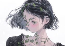 Rule 34 | 1girl, black dress, black hair, blush, closed mouth, commentary request, crying, dress, eyeshadow, floating hair, green eyes, green theme, hair behind ear, hair ornament, head wreath, hidari (nanmu-left), highres, leaf hair ornament, light particles, looking down, makeup, mole, mole under eye, original, plant, portrait, short hair, simple background, solo, vines, white background