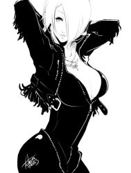 Rule 34 | angel (kof), arms behind head, bodysuit, breasts, cleavage, falcoon, greyscale, hair over one eye, heart, heart necklace, jacket, jewelry, large breasts, monochrome, necklace, one eye covered, short hair, solo, the king of fighters, white background, white hair, zipper
