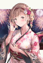 Rule 34 | 1girl, aerial fireworks, bad id, bad pixiv id, blonde hair, blurry, blurry background, blush, braid, breasts, brown eyes, closed mouth, cloud, commentary request, depth of field, djeeta (granblue fantasy), eyebrows hidden by hair, fireworks, floral print, flower, granblue fantasy, hair between eyes, hair flower, hair ornament, hands up, highres, holding, holding hair, japanese clothes, kimono, long sleeves, milli little, night, night sky, obi, pink flower, pink kimono, print kimono, sash, sky, small breasts, smile, solo, twin braids, upper body, white flower, wide sleeves, yukata