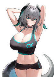 Rule 34 | 1girl, absurdres, aqua eyes, arknights, armpits, arms up, bare arms, bare shoulders, black choker, black shorts, breasts, choker, cleavage, commentary request, cowboy shot, crop top, dishui tangni, grey hair, head wings, highres, ho&#039;olheyak (arknights), large breasts, looking at viewer, micro shorts, midriff, navel, parted lips, short hair, shorts, simple background, snake tail, solo, sports bra, standing, stomach, tail, thighs, white background, wings