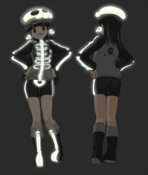 1girl bike_shorts black_background black_hair dokurohime flat_chest from_behind glowing hands_on_own_hips imoto_katsuyuki jacket long_hair looking_at_viewer multiple_views open_mouth original red_eyes simple_background smile track_jacket turnaround