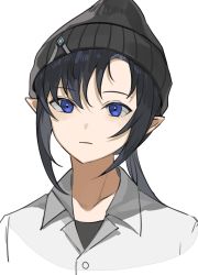 Rule 34 | 1girl, bad id, bad pixiv id, beanie, black hair, black hat, blue eyes, closed mouth, collared shirt, commentary request, elf, expressionless, grey shirt, gyoju (only arme nim), hat, highres, long hair, looking at viewer, original, pointy ears, portrait, shirt, simple background, solo, white background
