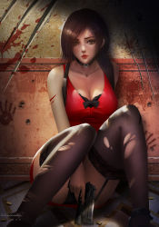 Rule 34 | 1girl, ada wong, arm between legs, bare shoulders, blood, blood on arm, bra, breasts, brown eyes, brown hair, bullet hole, choker, cleavage, collarbone, commentary request, cuts, dress, garter straps, gun, handgun, highres, holding, holding gun, holding weapon, holster, injury, lace, lace-trimmed legwear, lace bra, lace trim, large breasts, looking at viewer, panties, pistol, red dress, red lips, resident evil, resident evil 2, resident evil 2 (remake), shell casing, short hair, shoulder holster, sitting, thighs, torn clothes, torn legwear, turewindwalker, underwear, wall, weapon