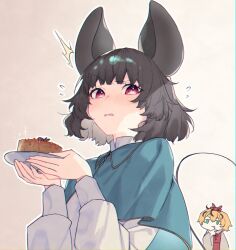 Rule 34 | 2girls, animal ears, blonde hair, blue capelet, blush, capelet, flying sweatdrops, food, grey hair, highres, holding, holding plate, long sleeves, mouse ears, mouse tail, multiple girls, nazrin, open mouth, plate, red eyes, shirt, short hair, tail, toramaru shou, touhou, upper body, white shirt, yononaka
