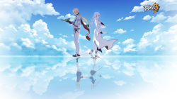 Rule 34 | 1boy, 1girl, aged down, black footwear, blonde hair, blue sky, boots, braid, braided ponytail, cloud, cloudy sky, different reflection, dress, gloves, highres, holding, holding hands, honkai (series), honkai impact 3rd, jacket, kallen kaslana, long hair, long sleeves, nun, official art, otto apocalypse, pants, ponytail, purple dress, purple shirt, reflection, shirt, shoes, single glove, sky, spoilers, standing, water, white dress, white footwear, white jacket, white legwear, white pants