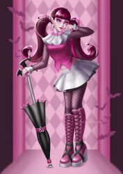 Rule 34 | 1girl, absurdres, artist name, black hair, boots, closed umbrella, draculaura, earrings, fangs, fishnet pantyhose, fishnet sleeves, fishnets, full body, highres, holding, holding umbrella, jewelry, knee boots, looking at viewer, miniskirt, monster high, multicolored hair, pantyhose, pink footwear, pink hair, pink vest, pointy ears, skirt, solo, twintails, two-tone hair, umbrella, vest, watermark, white skirt, xdartwork