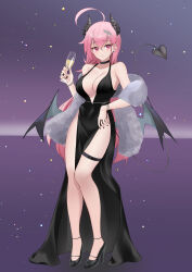Rule 34 | 1girl, 3:, absurdres, ahoge, bare legs, bare shoulders, bead bracelet, beads, black choker, black dress, black footwear, black nails, bracelet, breasts, champagne flute, choker, cleavage, closed mouth, cocktail dress, covered navel, cup, demon girl, demon horns, demon tail, demon wings, dress, drinking glass, ear piercing, earrings, feather boa, frown, full body, hair ornament, hairclip, halterneck, high heels, highres, holding, holding cup, horns, jewelry, large breasts, long dress, long hair, looking at viewer, low wings, mole, mole under eye, nail polish, no bra, no panties, original, parfait desu, parfy (parfait ehmy), pelvic curtain, piercing, pink hair, red eyes, ring, sleeveless, sleeveless dress, solo, spaghetti strap, standing, tail, tail raised, thigh strap, thighs, very long hair, wings