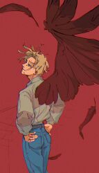 Rule 34 | 1boy, absurdres, blonde hair, blue pants, boku no hero academia, closed mouth, facial hair, feathers, fingernails, freesilverwind, from behind, goatee, hawks (boku no hero academia), highres, looking to the side, male focus, pants, red background, red wings, shirt, short hair, solo, white shirt, wings
