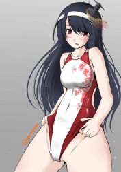 Rule 34 | 10s, 1girl, adjusting clothes, adjusting swimsuit, black hair, competition swimsuit, fusou (kancolle), gradient background, hassen (8cm), kantai collection, long hair, one-piece swimsuit, red eyes, solo, swimsuit