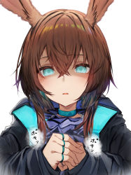 Rule 34 | 1girl, absurdres, amiya (arknights), animal ears, arknights, blue choker, blue eyes, brown hair, choker, commentary request, cracking knuckles, hair between eyes, highres, looking at viewer, rabbit ears, revision, simple background, solo, tab head, upper body, white background