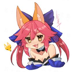 Rule 34 | 1girl, :d, animal ear fluff, animal ears, armpit crease, aya rato, bare shoulders, blue bow, blue kimono, blue sleeves, bow, breasts, brown eyes, cleavage, commentary, cropped torso, detached sleeves, fang, fate/extra, fate (series), fox, fox ears, fox girl, hair between eyes, hair bow, japanese clothes, kimono, long hair, looking at viewer, lowres, open mouth, pink hair, signature, smile, solo, split ponytail, strapless kimono, tamamo (fate), tamamo no mae (fate/extra)
