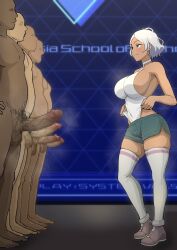 Rule 34 | 1girl, 5boys, aqua eyes, breasts, censored, clothed female nude male, commentary request, covered navel, dark-skinned female, dark skin, erection, faceless, faceless male, frontal wedgie, green shorts, grey hair, gundam, gundam suisei no majo, hair tuft, halter leotard, halterneck, hetero, highres, iwao178, large breasts, leotard, leotard pull, looking at another, male pubic hair, mosaic censoring, multiple boys, multiple penises, nude, penis, pubic hair, pulled by self, secelia dote, short hair, short shorts, shorts, sideboob, smile, standing, thighhighs, wedgie, white leotard, white thighhighs